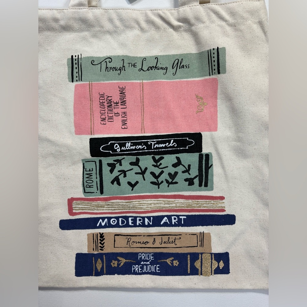 kate spade Cream Canvas Tote with Pink, Navy and Green Book Stack Print - Picture 2 of 4
